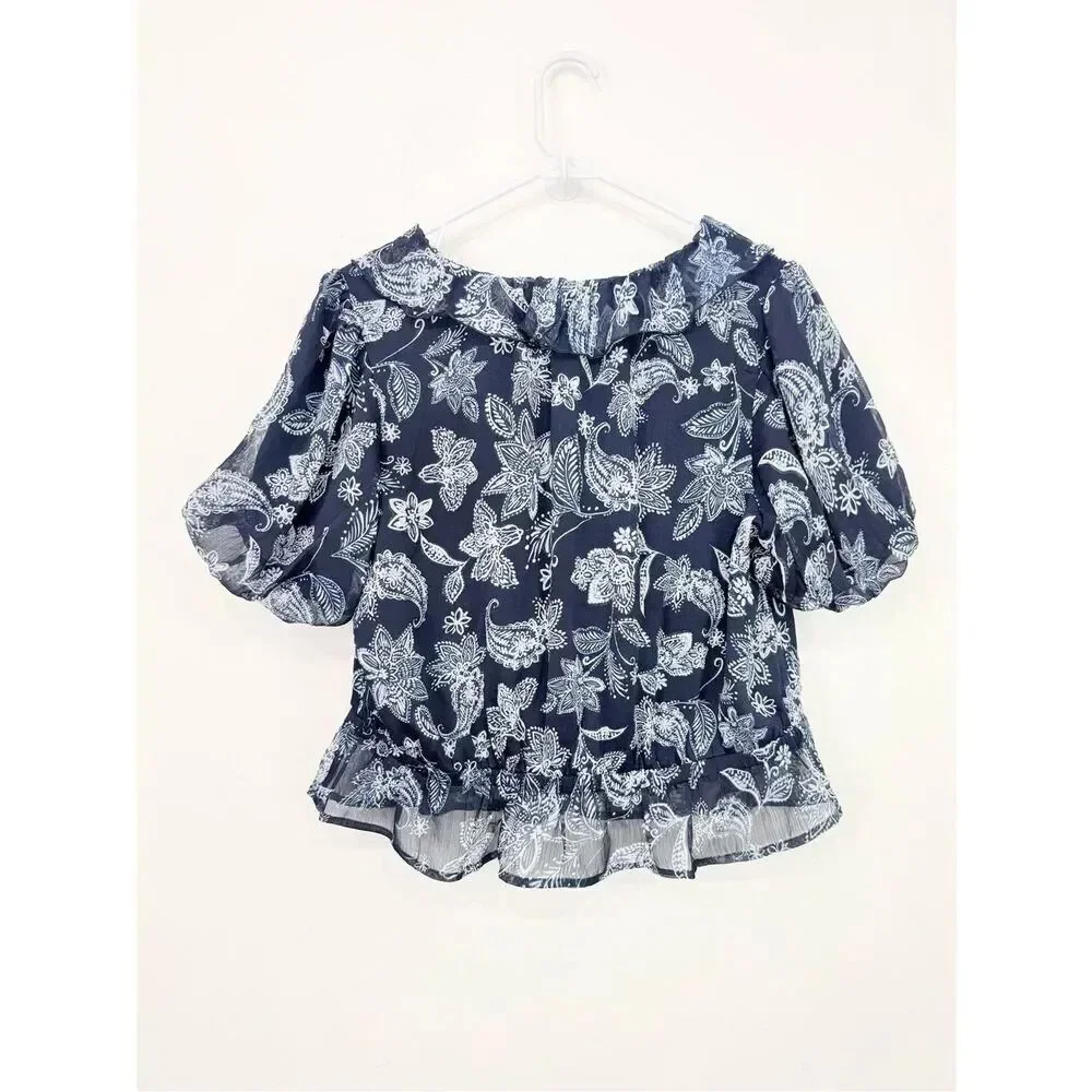 LOFT Blue White Floral Ruffle V Neck Peplum Hem Short Puff Sleeve Blouse NEW